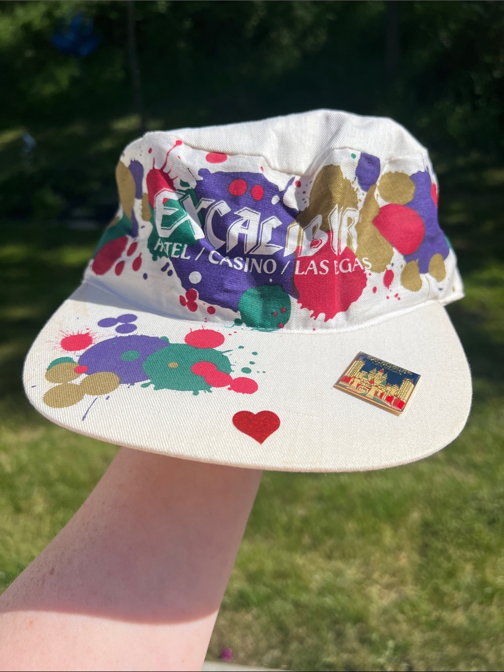 VTG Excalibur Paint Splatter Hat 90s Hotel Casino Las Vegas Cap Excalibur Pin